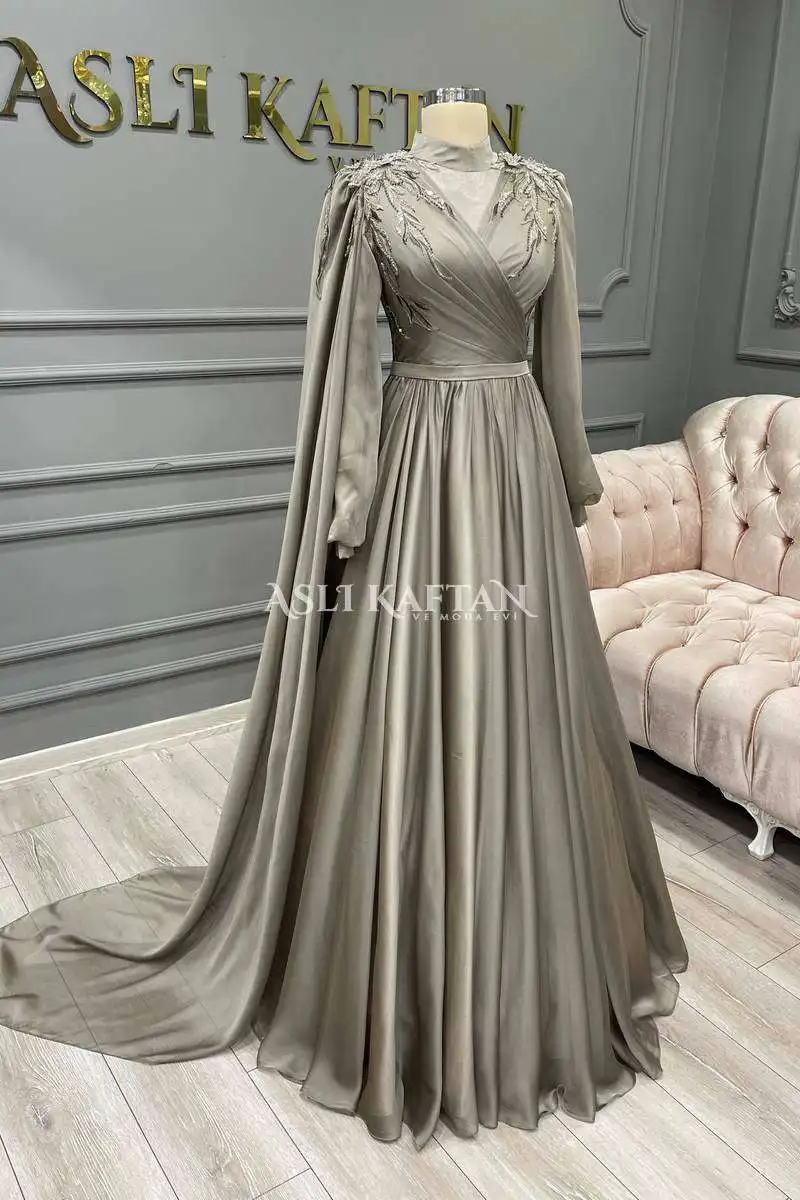 Moroccan Kaftan Muslim Evening Dresses A-line Long Sleeves Appliques Beaded Dubai Arabic Turkey Abaya Islamic Evening Gown