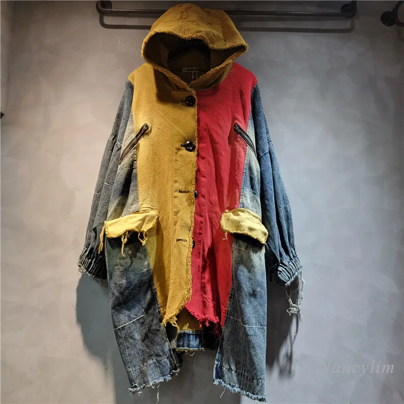 Personalized Fashion Irregular Stitching Contrast Color Denim Mid-Length Hooded Coat for Women 2024 Autumn Fashion Coats