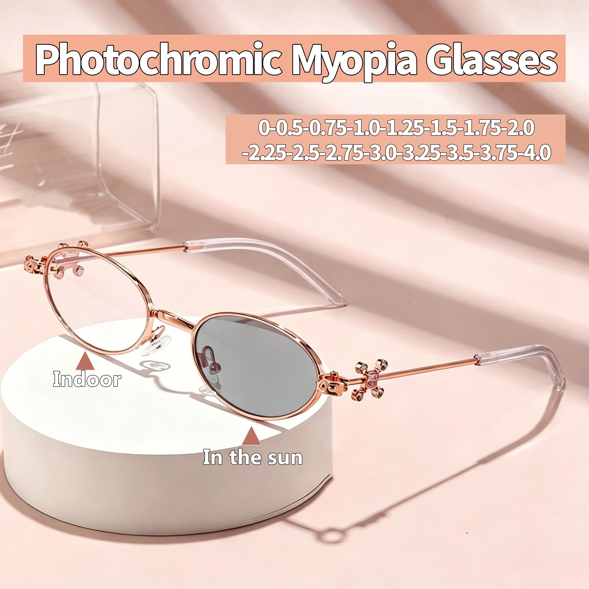 【2026 New】Metal Frame Photochromic Myopia Glasses Anti-Blue Light/UV400/Transitions Lenses Prescription Eyeglasses for Women-2.5