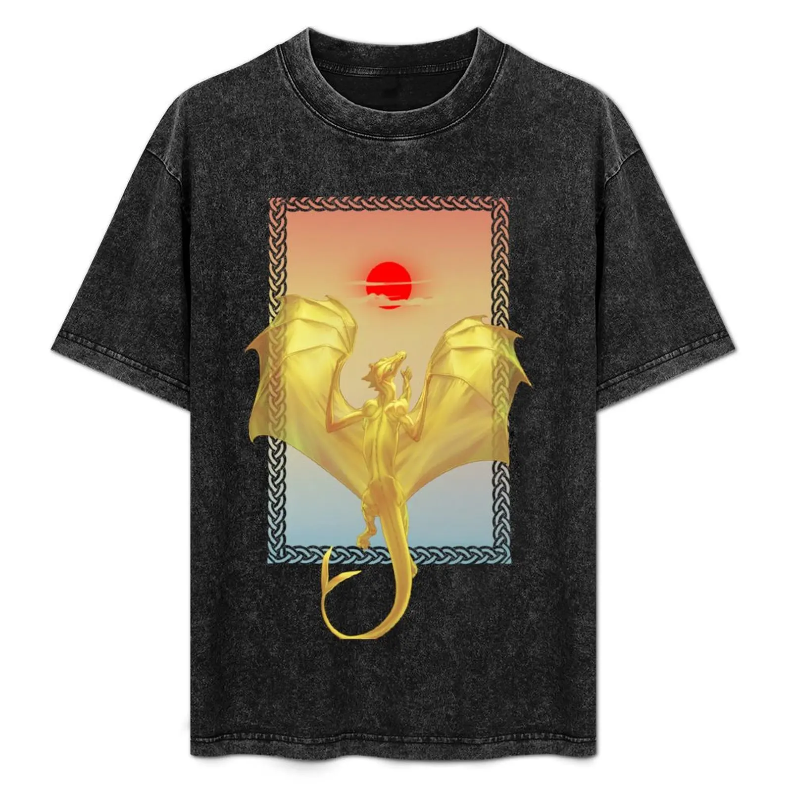 

Sunset and a Golden Dragon with a celtic knotwork frame T-Shirt Big and Tall Crew Neck Tee
