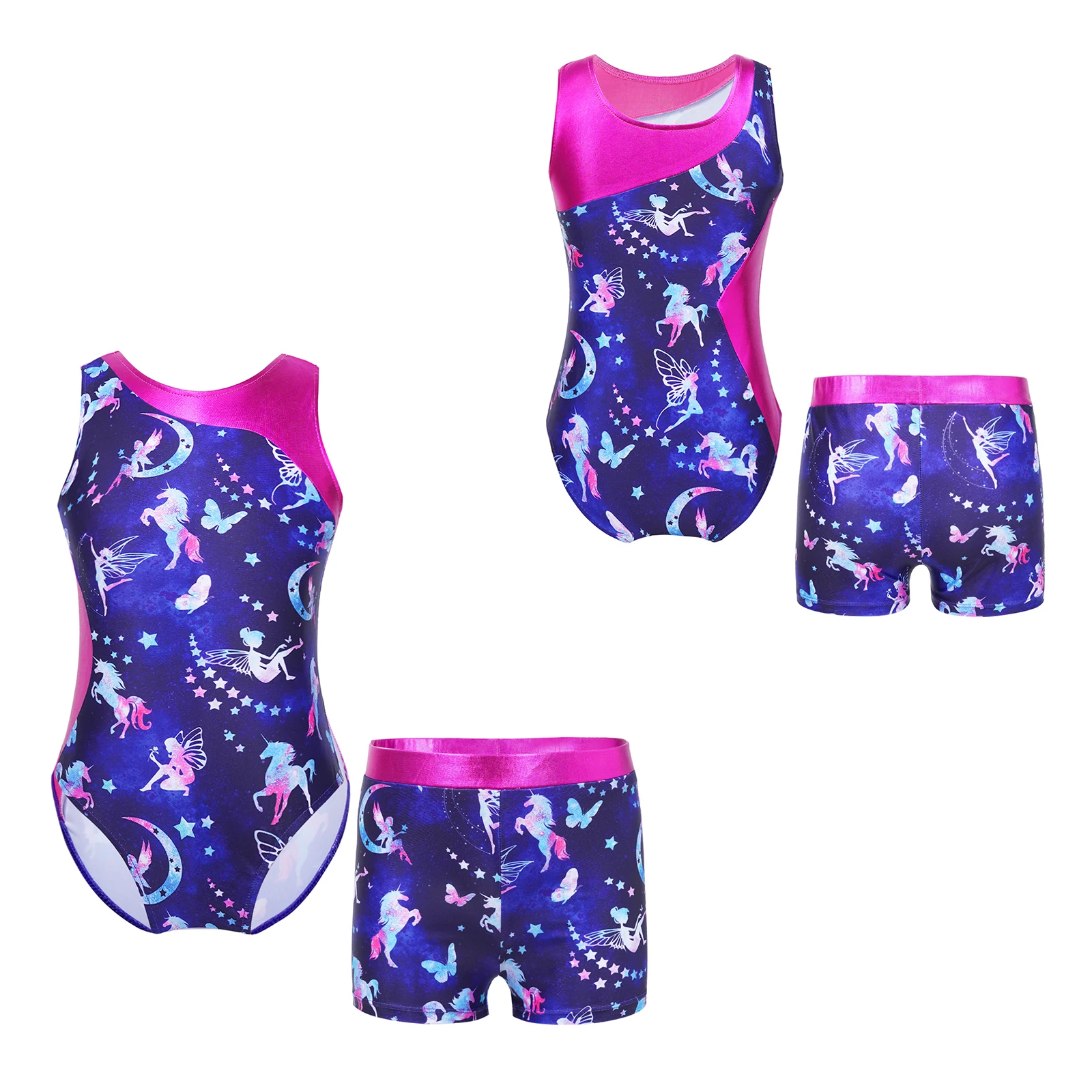 wo-piece Kids Girls Cartoon Print Gymnastics Dance Outfit Sleeveless Patchwork Leotard Jumpsuit With Elastic Waist Shorts Suit