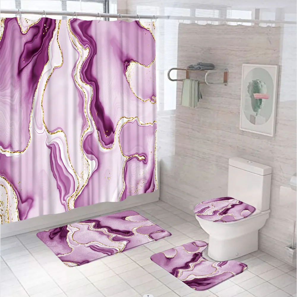 4Pcs Pink Marble Shower Curtain Set Non-Slip Rugs Toilet Lid Cover Bath Mat Bathroom Decor Set Shower Curtain Rugs Accessories