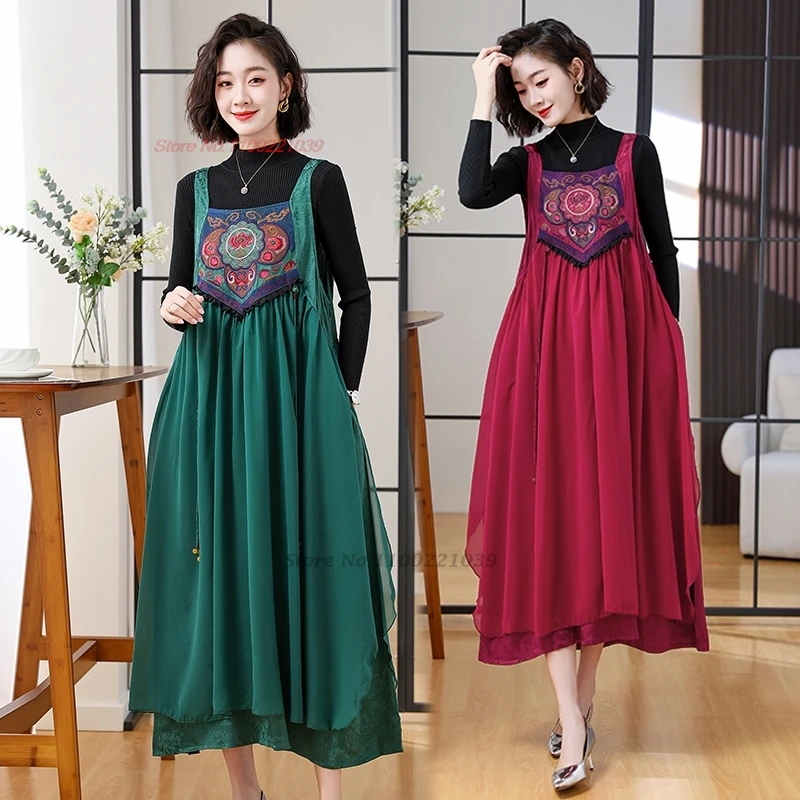 

2025 traditional chinese vintage dress national flower embroidery hanfu vest satin jacquard patchwork sleeveless folk dress