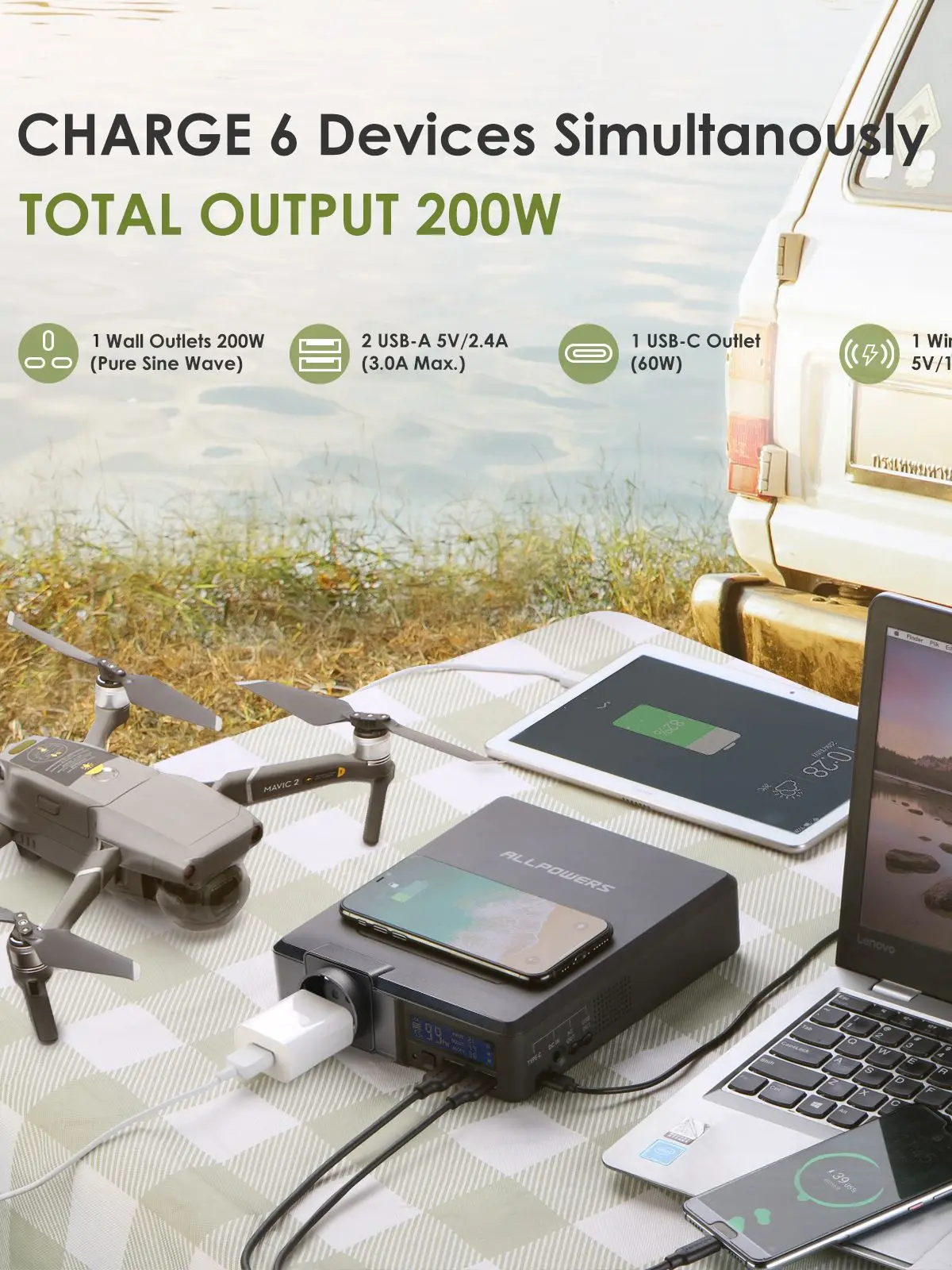 ALLPOWERS Solar Powerbank 41600mAh 200W draagbare krachtcentrale met zonnepaneel 60W, DC, USB, USB-C-uitgang voor campinglaptop Iphone - afbeelding 2