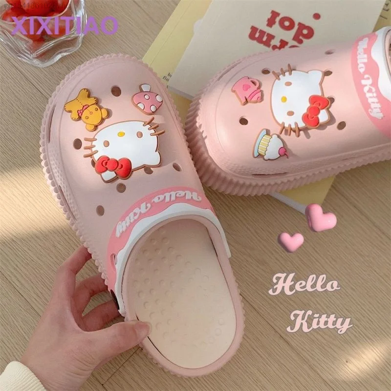 Sanrio Cute Hello Kitty EVA Hole Shoes Women Summer Outdoor Anti Slip Thick Bottom Beach Slippers Lolita Y2k Girls Charms Shoes