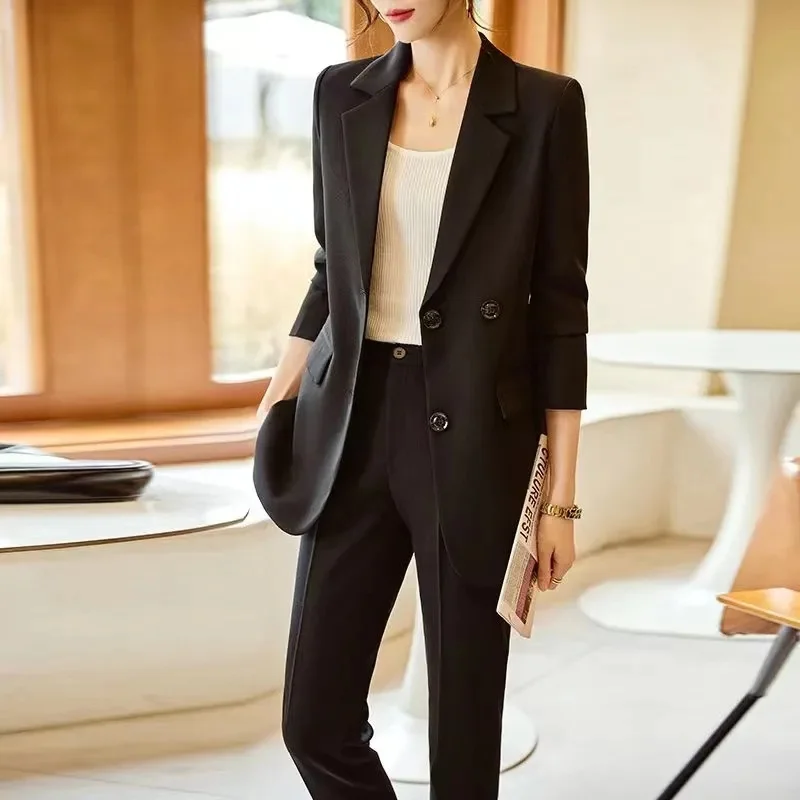 Korean Lady Career Suit 2PCS Spring Autumn Female Fashion Solid Color Tops Pants 2025 Women Leisure Large Size 4XL Two Piece Set