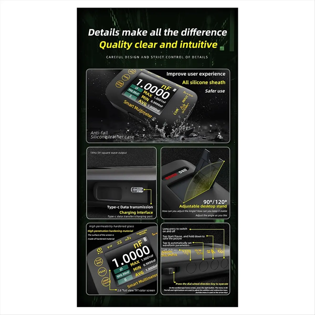 

Умный цифровой мультиметр A73T с 20000 измерениями, записью формы волны в реальном времени, измерением температуры, вольтметр для литиевых батарей