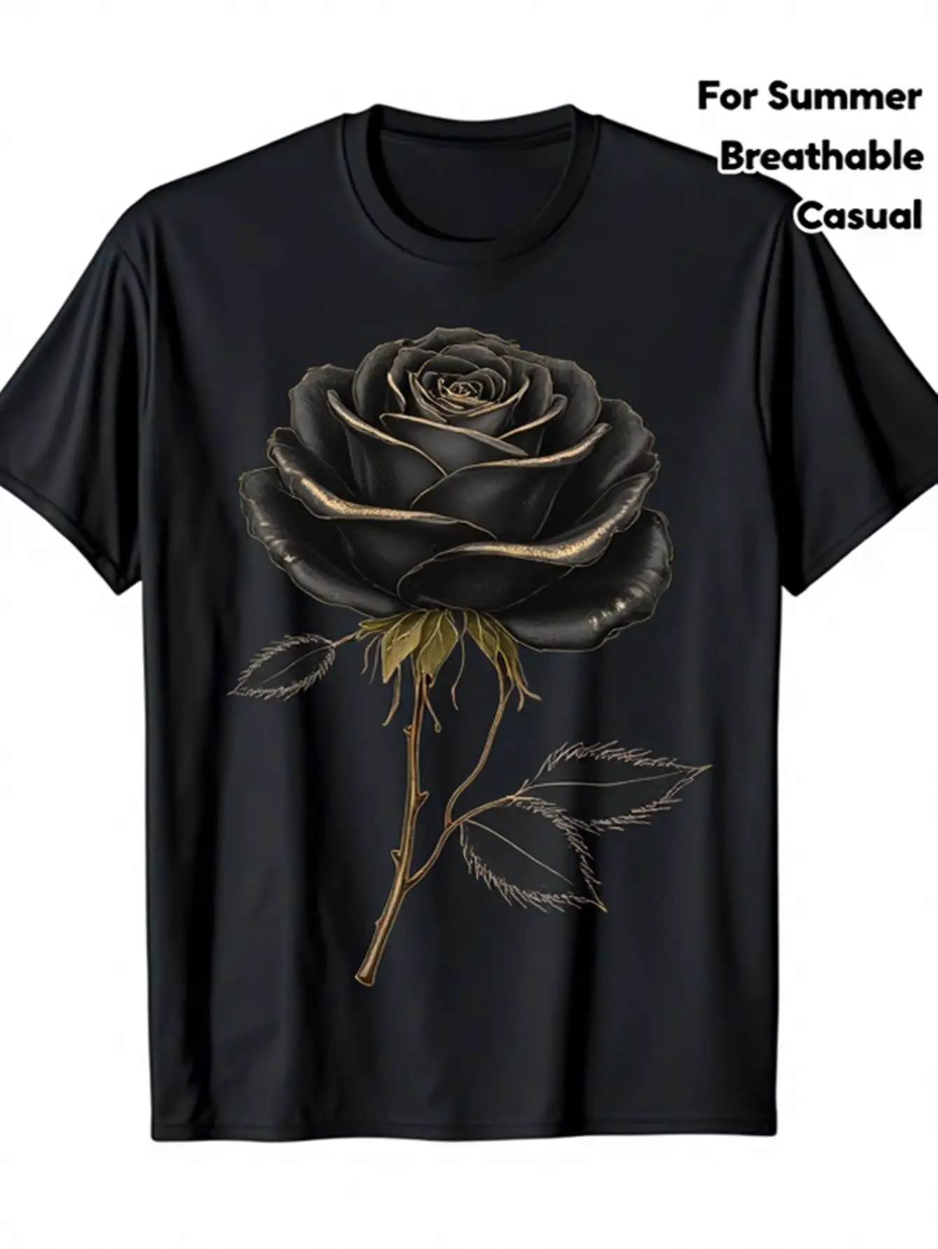 

Men's Black T-Shirt with Rose and Gold Embellishments, 100% Cotton, Casual Crew Neck, Short Sleeves, Elegant Gold Floral Print, Breathable and Comfortable for All Year Round, Suitable for Summer and Special Occasions, Stylish Statement Piece for Birthdays
