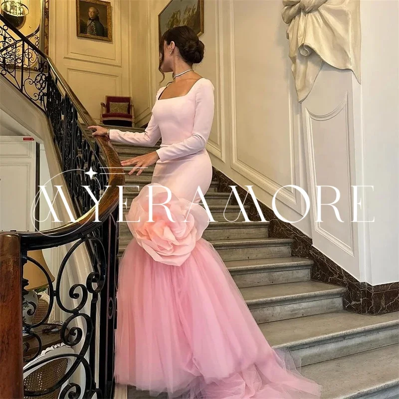 فساتين سهرة فاخرة بحورية البحر باللون الوردي 2025 من الساتان على شكل زهرة وياقة مربعة فساتين لحضور الحفلات الموسيقية تول رداء حفلات مخصص رداء السهرة #4