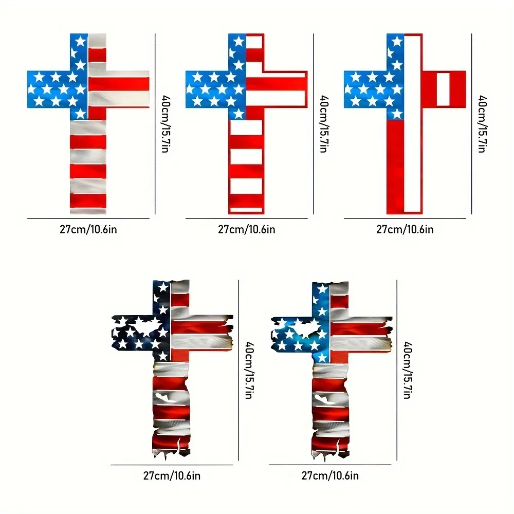 HELLOYOUNG 1pc Independence Day US Flag Cross Metal Tin Sign,20x30cm,2D Hollow Cutout Distressed Silhouette Print Patriotic