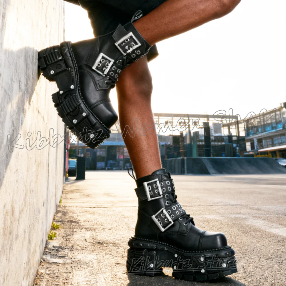 

Rivets Ankle Punk Rock Boots Platform Gothic Belt Buckle Leather Fashion Elegant Comfortable Sexy Luxury Spicy Girl Shoes Newest