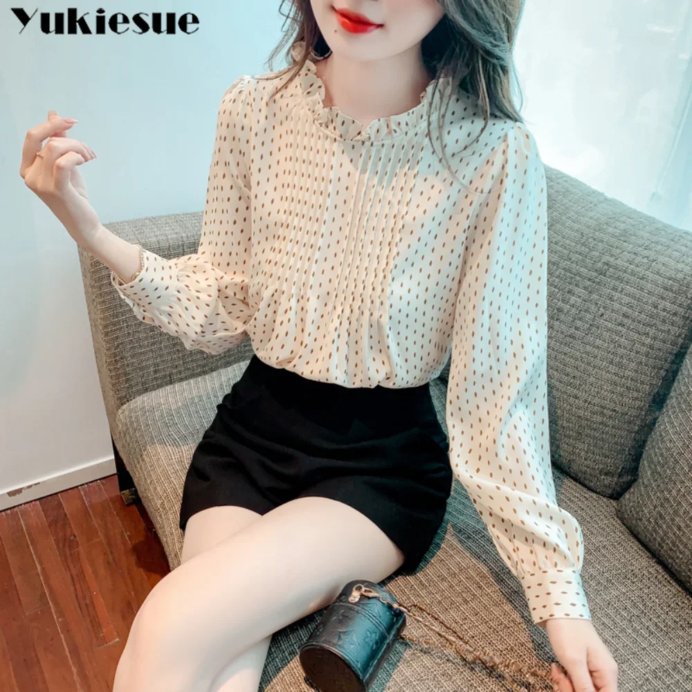 Col pressé plissé imprimé chemise printemps Style col montant en mousseline de soie chemise femmes à manches longues esthétique coréen vent doux