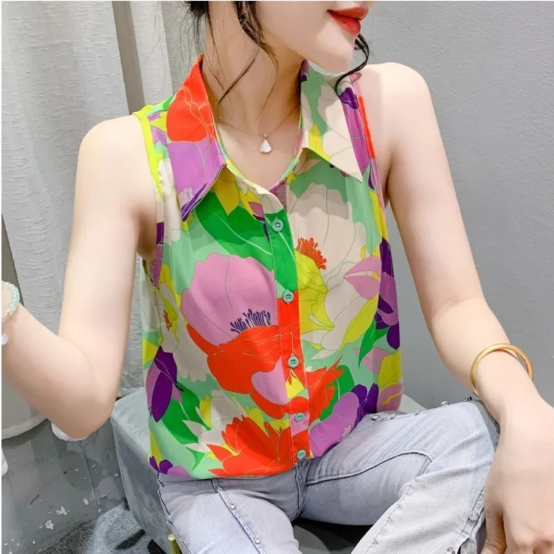 #7113 Sleeveless Shirt Women Slim Vintage Printed Womens Tops And Blouses Sexy Streetwear Short Shirt Female Korean Fashion