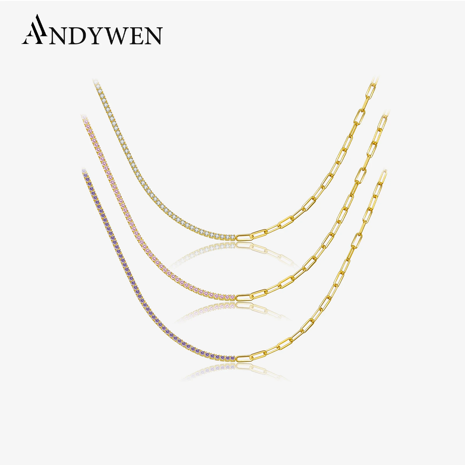 ANDYWEN 925 Sterling Silver Colorful Zircon Chain Choker Necklace 2021 Rainbow Charm Long Chain Jewelry Horoscope CZ Women Gift