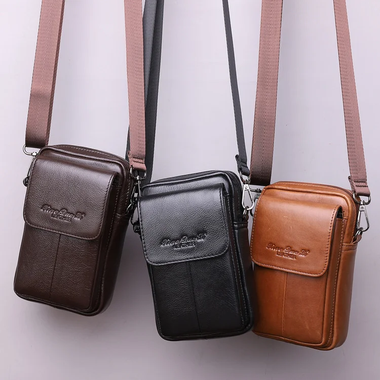 Men\'s 7-inch cross body shoulder bag Leather mobile phone waist bag Wearing belt waist bag Multi functional mobile phone bag Cow