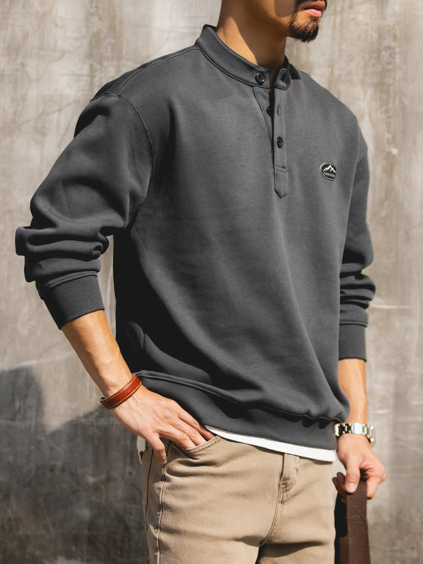 American Retro Henry Collar Sweatshirt Men's Loose Casual Long Sleeve Half Open Autumn Fashion Inner Shirt Base Layer Top