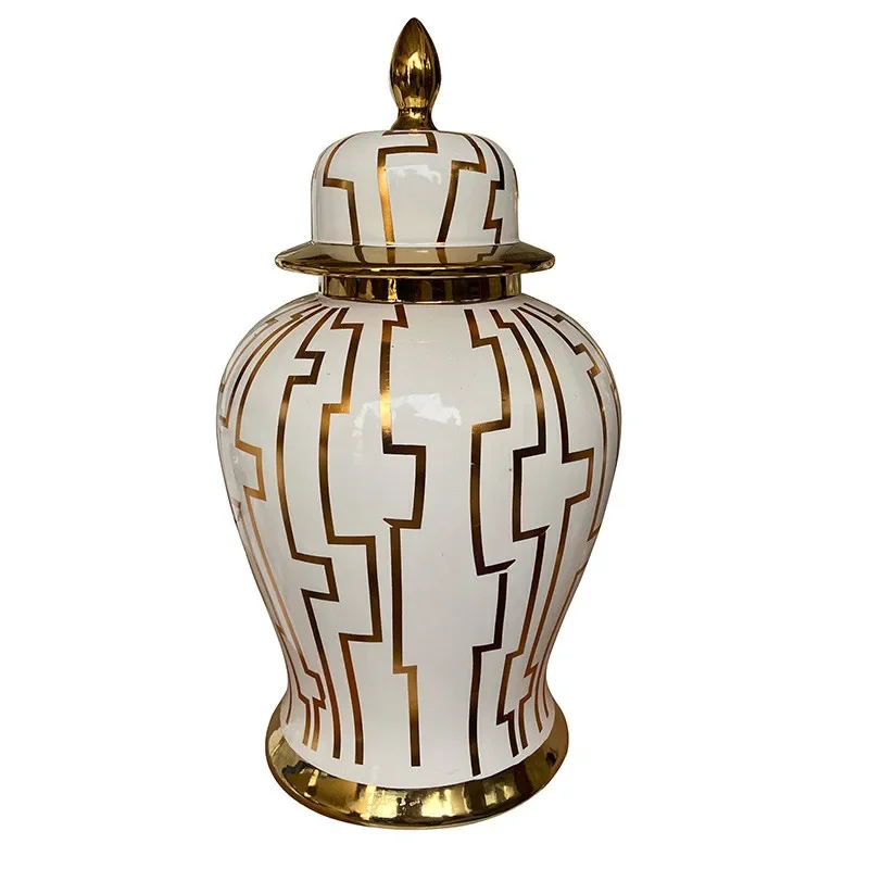 Ceramic Checkmate Jar Golden Geometric Stripe Storage Ginger Porcelain Artifact Home Decoration Pot Accessories