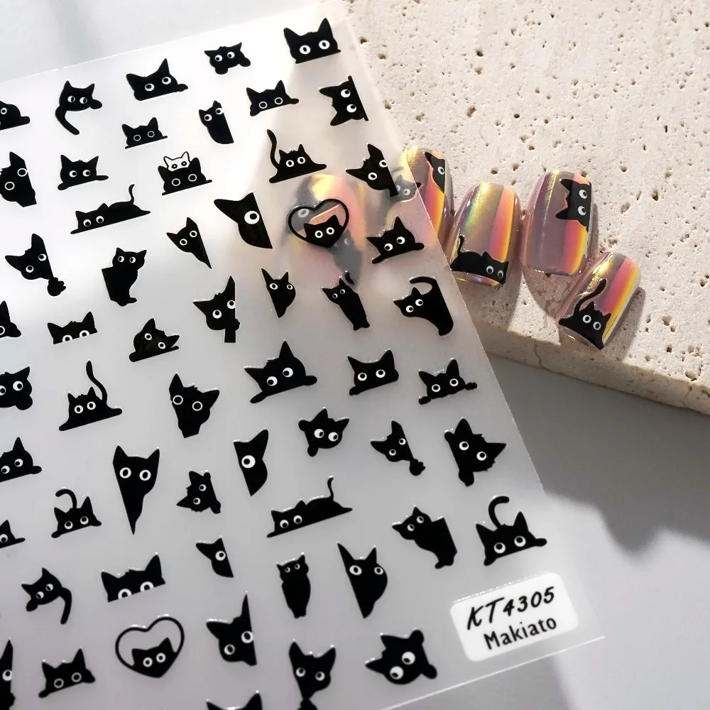 3D Self-Adhesive Nail Art Decals Sliders Decorations Manicure Accessories Black Cat Nail Stickers 3D Cute Cartoon Animal