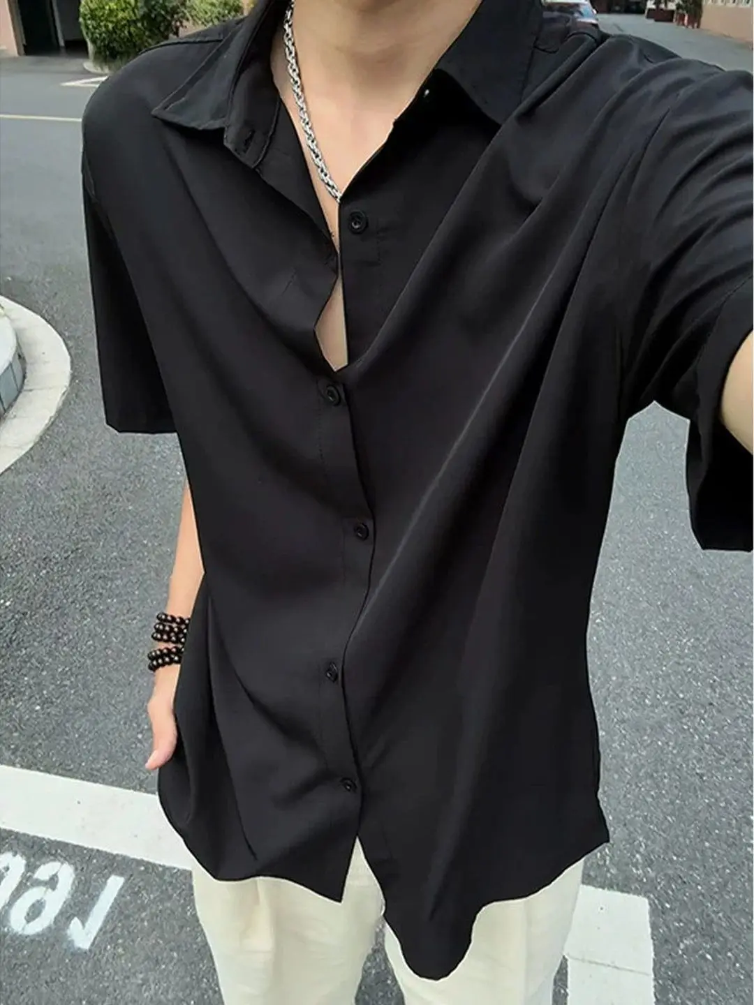 Black Short Sleeve Ice Silk Shirt Men's Summer Thin Loose Breathable High Grade Drape Cool Feeling Open Cardigan Casual Style