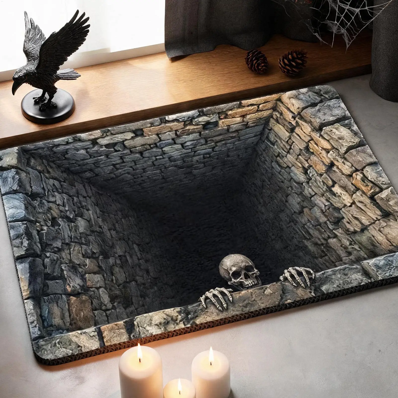 3 sizes Halloween Skull Optical Illusion Door Mat, Scary Realistic 3D Hole Area Rug for Indoor Outdoor Home Bathroom Floor Pad