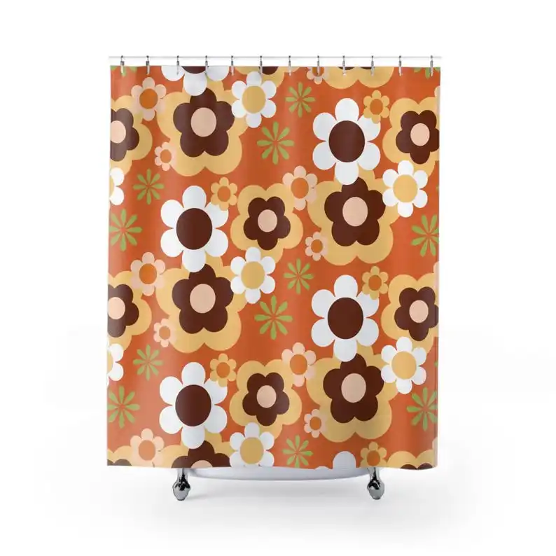 Groovy Flower Power Shower Curtain, Mid Century Modern Retro 70s Bathroom Decor