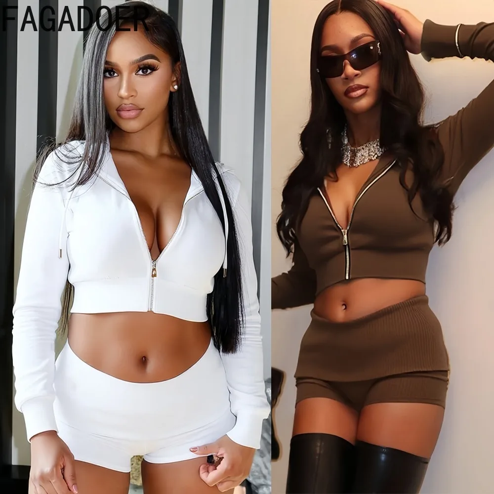 

FAGADOER Autumn New Casual 2 Pieces Set for Woman Solid Zipper Long Sleeve Hooded Crop Top and Shorts Matching Female Streetwear