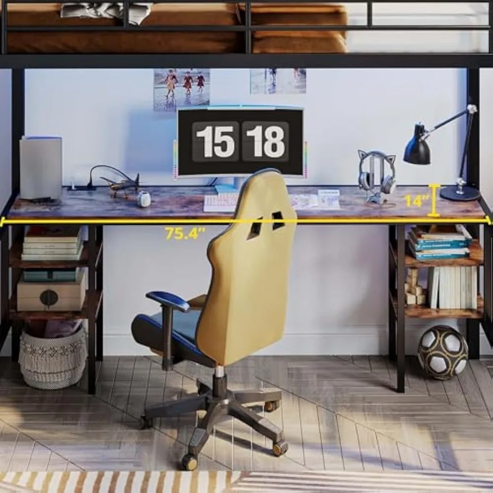 سرير علوي معدني مزدوج الحجم مع مكتب، 4 أرفف تخزين، مخرج طاقة، أضواء LED، وسكة أمان