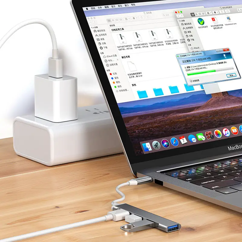 USB C hub in a bag, showcasing its portability