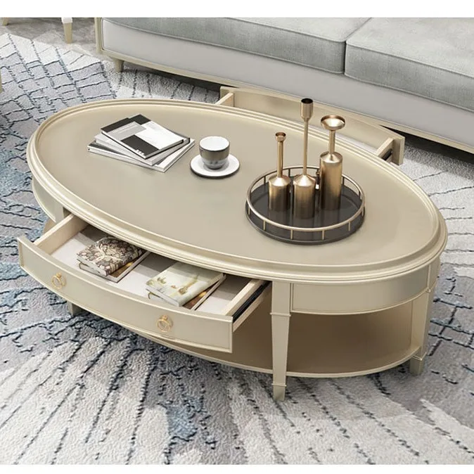 American solid wood sofa, TV cabinet combination living room, modern light luxury furniture, oval tea table, champagne