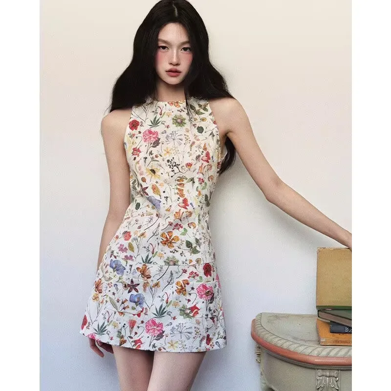

French Small Fragrant Style Beautiful Printed Dress Women 2025 New Summer Holiday Casual Sleeveless Vest Short Dress