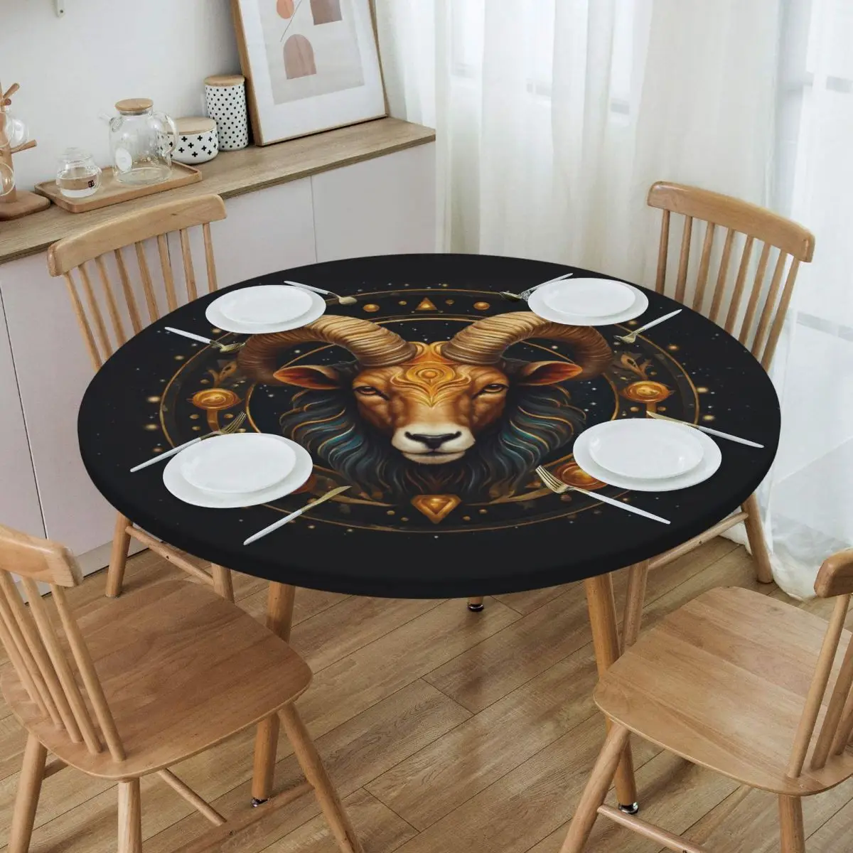 Aries Zodiac Celestial Goat And Ram Horns Print Waterproof Round Tablecloth Table Cloth for Kitchen Events Dining Table Cover