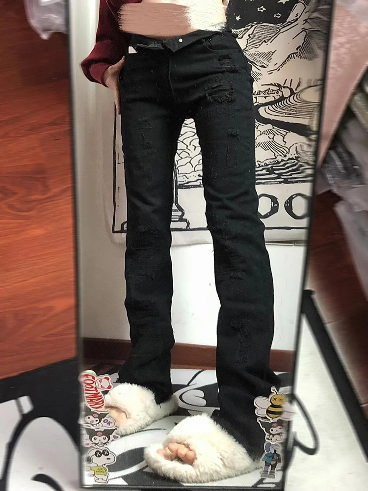 PBAP Destroyed Frauen Gerade Jeans Plus Größe Raw Edge Feste Beiläufige Taschen Cleanfit Niedrige Taille Lange Hosen Hip Hop Streetwear