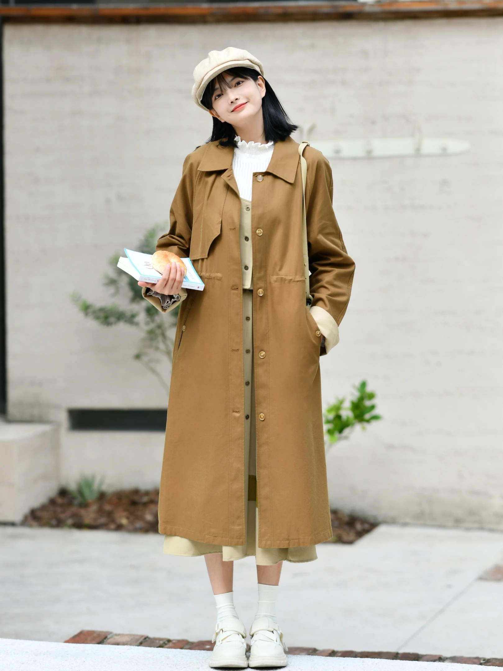 

Retro Brown Women's Coat 2023 Autumn Winter New Oversized Long Sve Knee-Length Midi Coat Double Breasted Button Cotton Blend