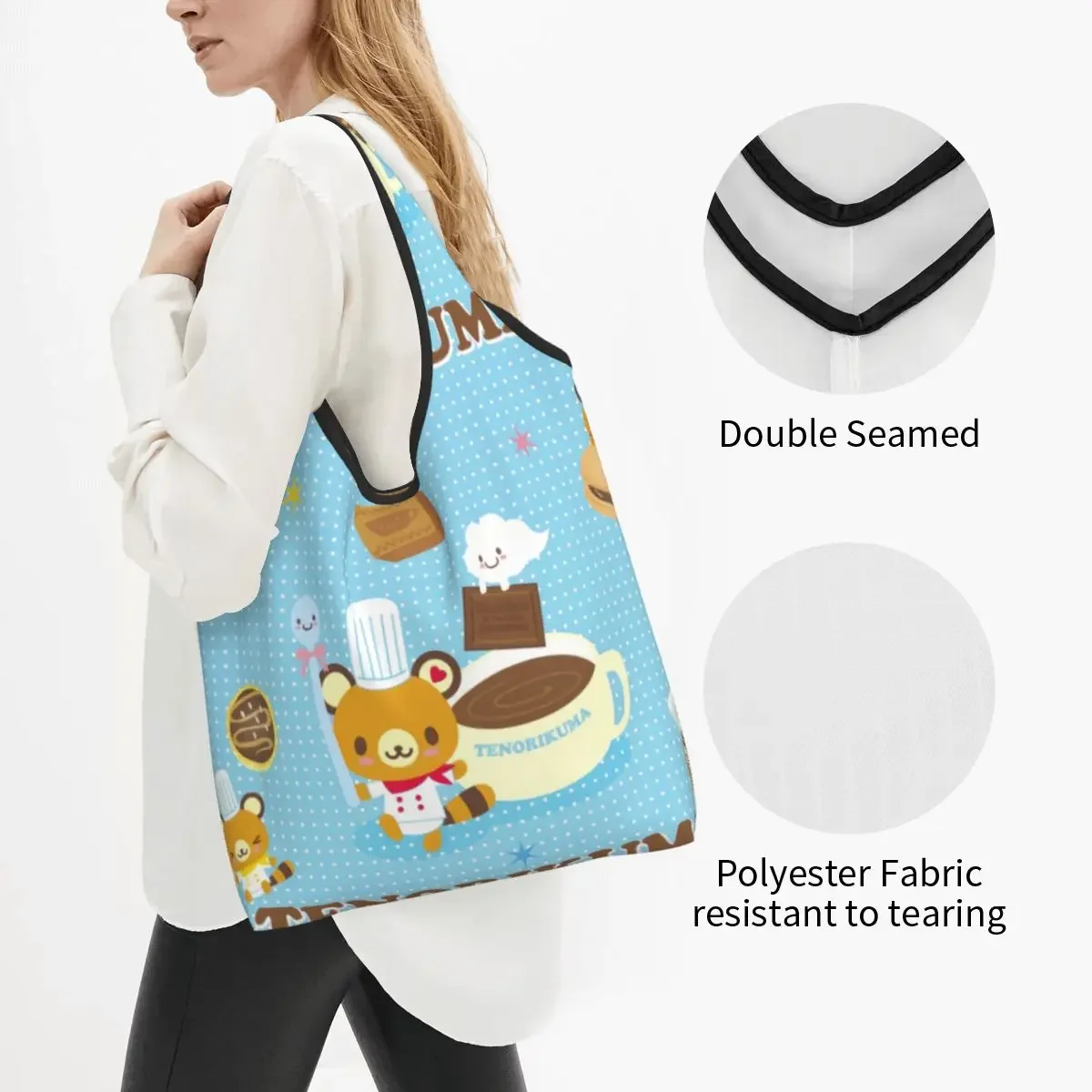 Custom Cartoon Tenorikuma Sanrio Anime Bear Groceries Tote Shopping Bag Women Fashion Shoulder Shopper Bags Big Capacity Handbag