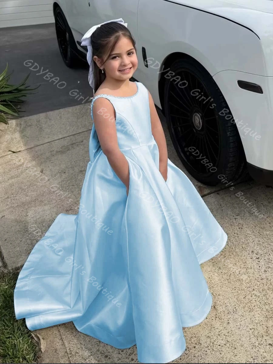 Vestido de princesa personalizado para niñas, vestido de flores con espalda abierta y perlas con lazo/tren, vestido largo de fiesta de boda y comunión para niños