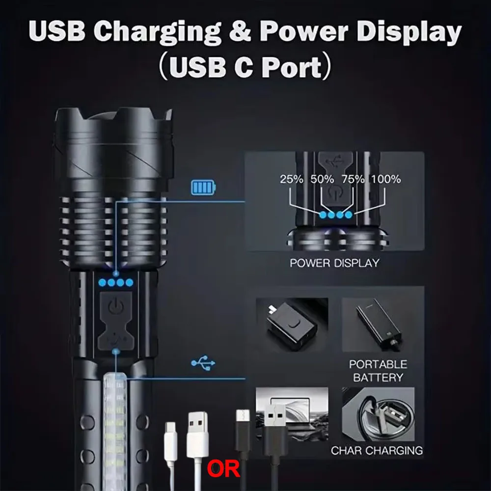 XHP50 20000LM Tactical Flashlight: Zoomable, USB Rechargeable, COB Side Light, Aluminum Alloy, Waterproof, Strike Bezel