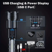 XHP50 20000LM Zoomable Tactical Flashlight, USB Rechargeable, COB Side Light, Aluminum Alloy, Water Resistant, Strike Bezel