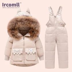 Ircomll 2PCS Winter Overalls + Jacket for girls boys outerwear Duck Down Warm Baby Child Toddler Snowsuit  shiny parka Suit