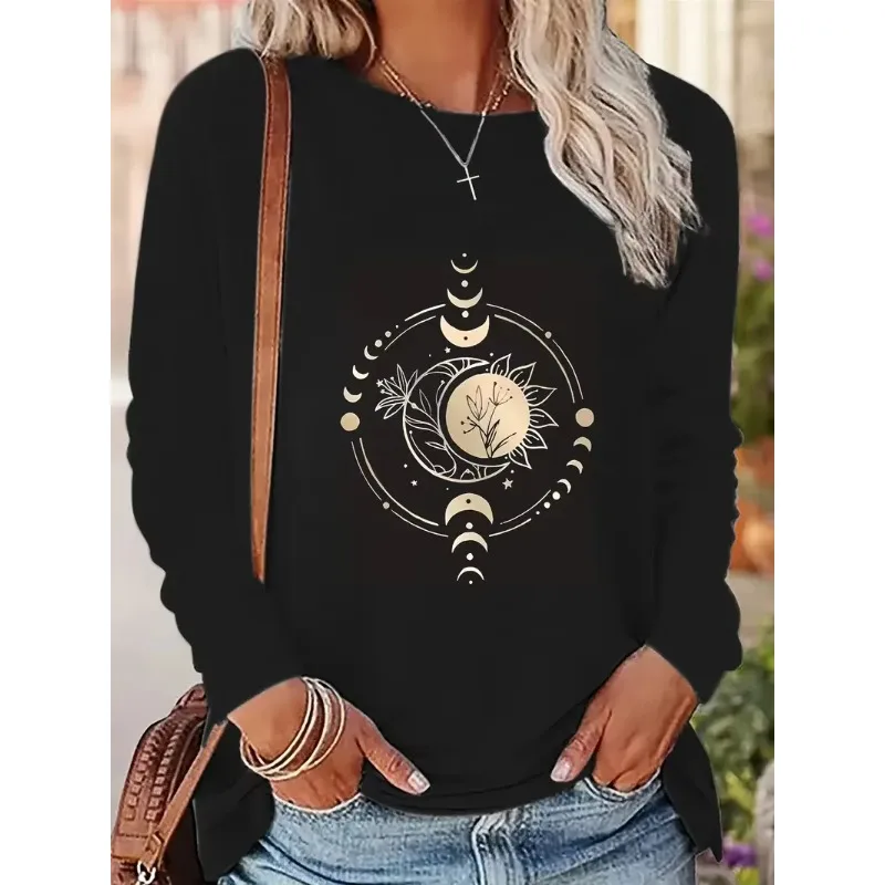 

Дышащая быстросохнущая свободная удобная футболка с круглым вырезом и длинными рукавами в стиле ретро с 3D принтом Sun Moon Star Flower Pattern