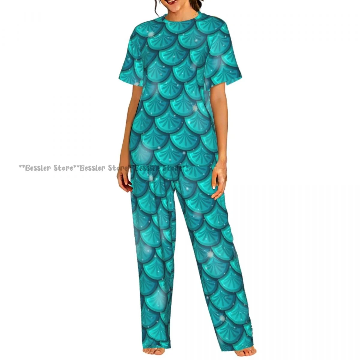 

Women's 2-piece set Fish Scale Pattern Pajamas Short sleeved Top and Pants Sleepwear