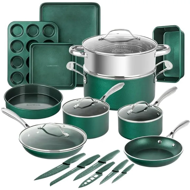 

Green 20 Pc Pots and Pans Set Nonstick, Kitchen Cookware Set & Bakeware Set with Mineral & Diamond Coating, Long Lasting