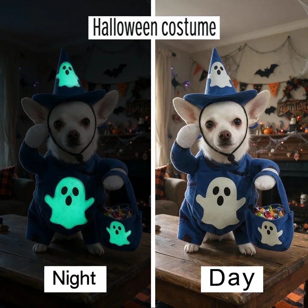 Blue Ghost Pointed Cap Costume Set for Dogs & Cats, Halloween Party, Seasonal Photo Styling, Soft Fabric, Easy Wear