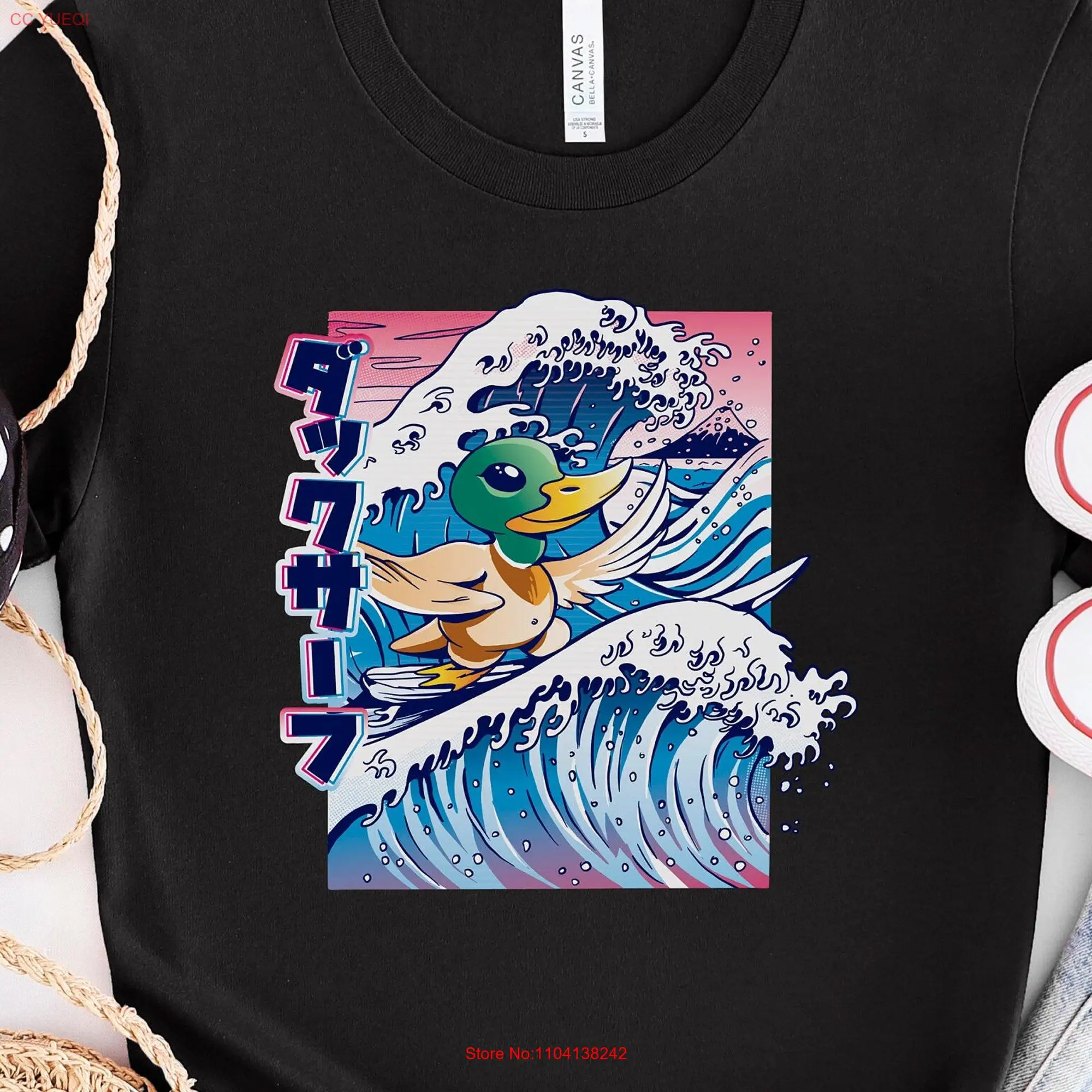 Duck Surf Vaporwave T Shirt Japanese Wave for Art Lover Casual Outfit Streetwear Style Painting long or short sleeves