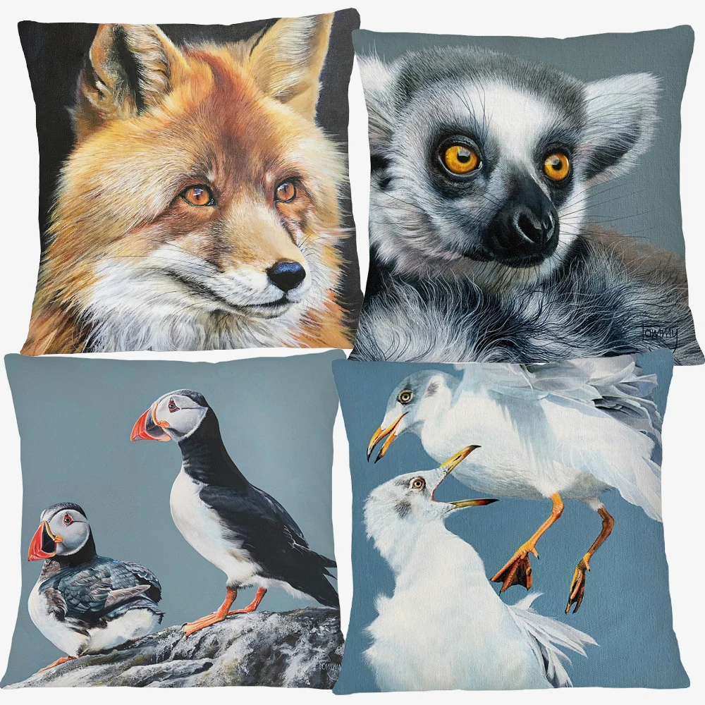 Wild Animals Poster Cushion Covers Puffins King of the Jungle Lion Lemur Gorilla Print Decorative Pillow Case