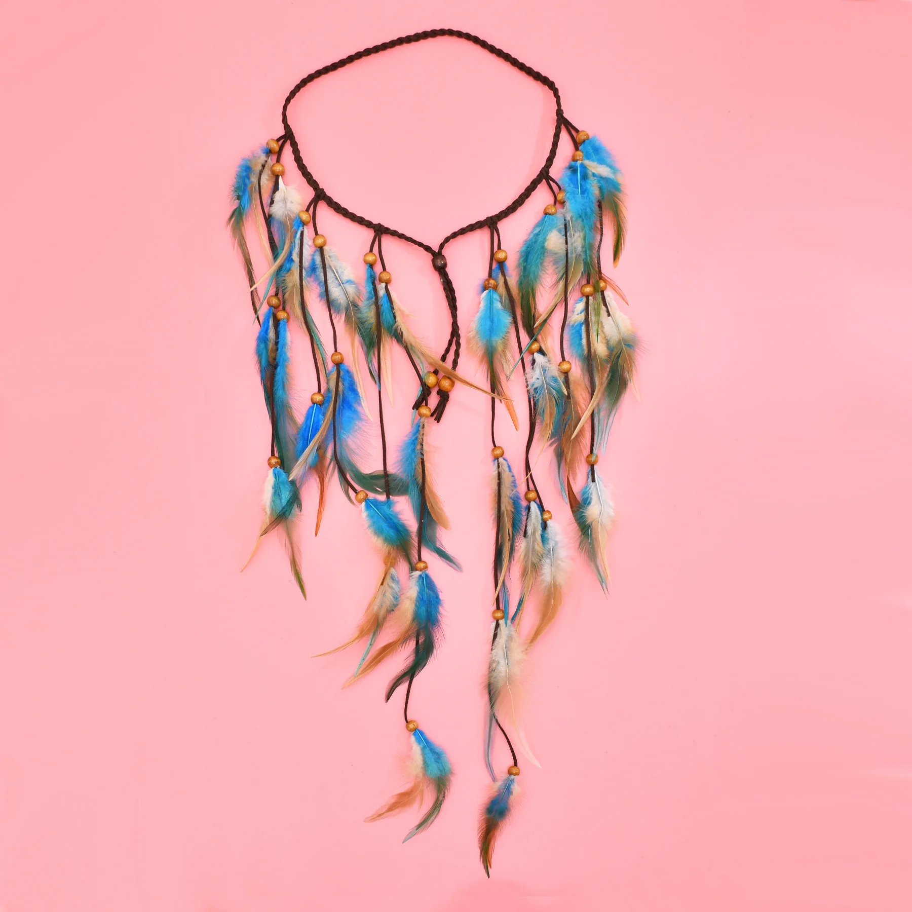 طويل الأزرق البني ريشة عقال للنساء البوهيمي العرقية مهرجان الهبي حفلة جلدية الخشب الخرز الشعر مجوهرات اكسسوارات #3