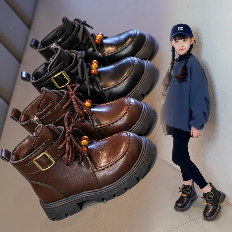 

Модные ботинки на платформе для девочек, новинка осени и зимы, детская детская обувь принцессы с бусинами в британском стиле, размер 26-36