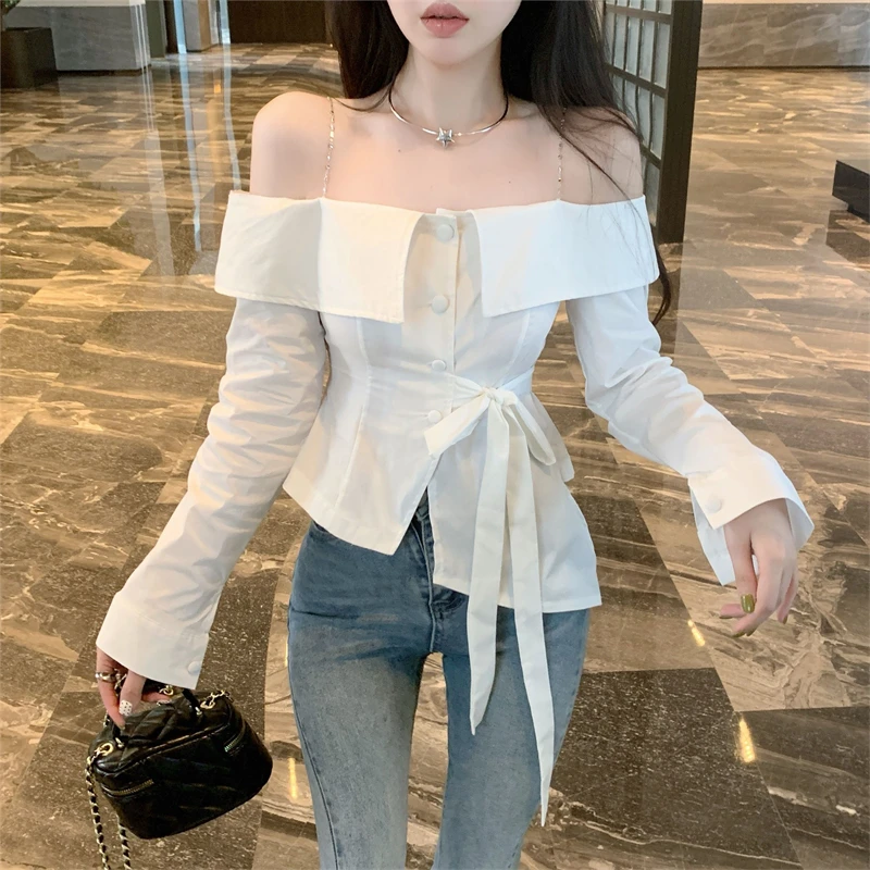 Women Sexy Off Shoulder Lace Up Elegant Shirts 2024 Spring Fashion Asymmetrical Design Chic Blouses White Slim Long Sleeve Tops