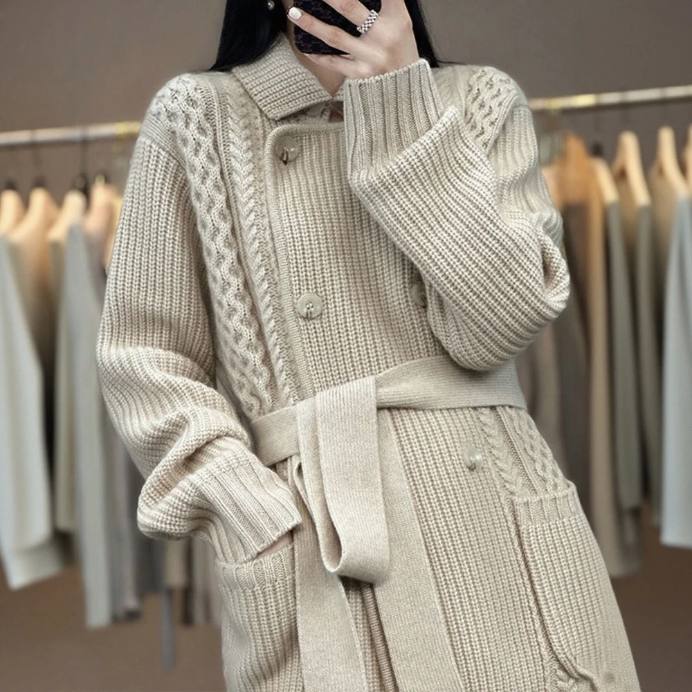 

Women's Casual Woolen Coat round Neckline Knitted Outerwear Fashionable Topwear for Comfortable Style