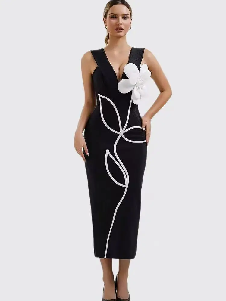 

Women's Evening Dresses Sexy Strapless Tie White Flowers Bodycon Bandage Long Dresses Elegant Party Birthday Dresses