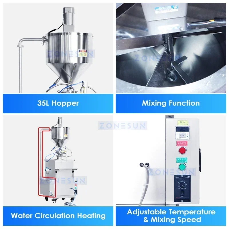 ZONESUN ZS-WCHJ1 Paste Filling Machine 35L Hopper Water Heated Stirring Liquid Filler for Cream Vaseline Lotion